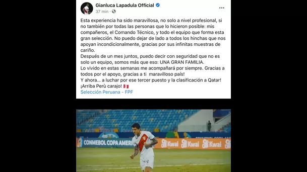 El mensaje de Lapadula en Facebook.