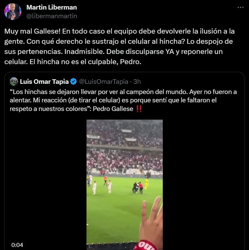 Martín Liberman utilizó sus redes sociales para pronunciarse sobre Gallese. | Foto: Twitter