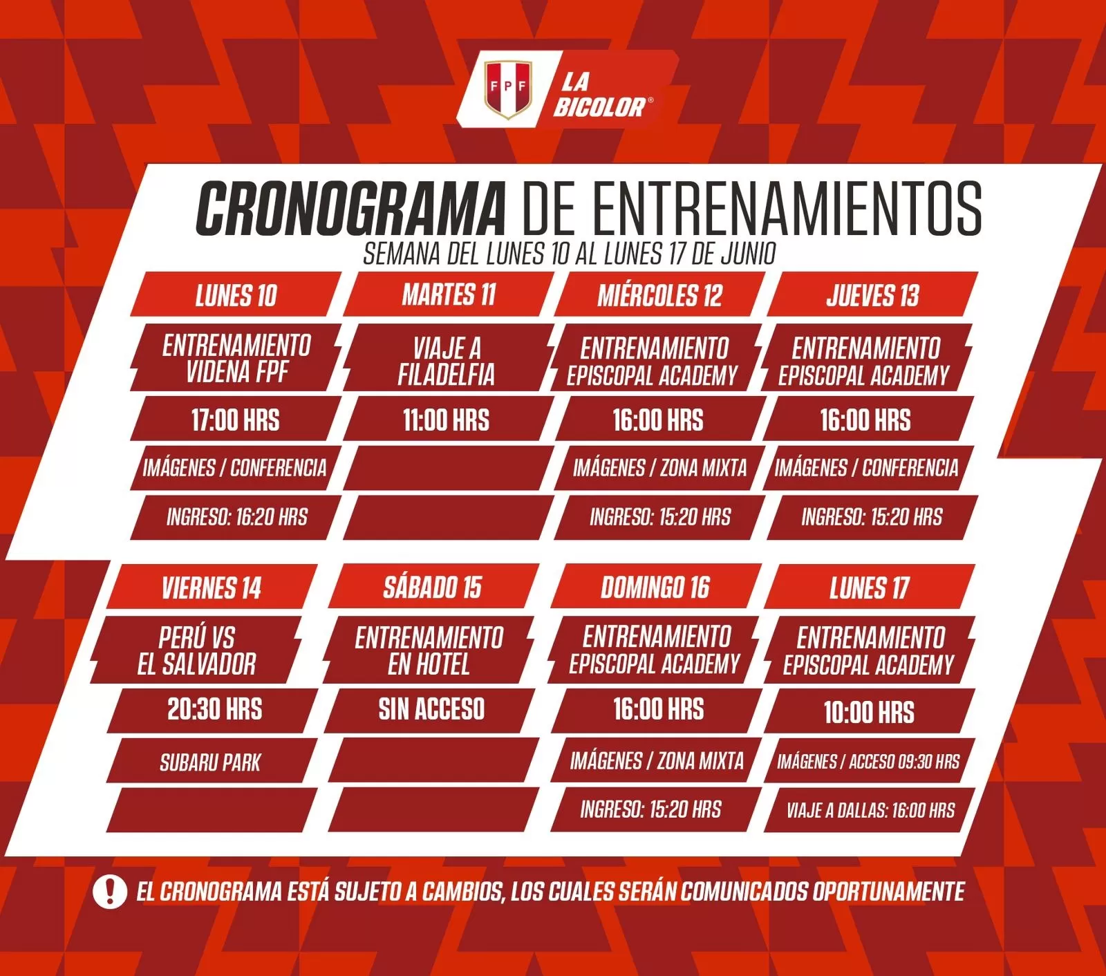 Cronograma de la selección peruana hasta el lunes 17 de junio. | Foto: La Bicolor.