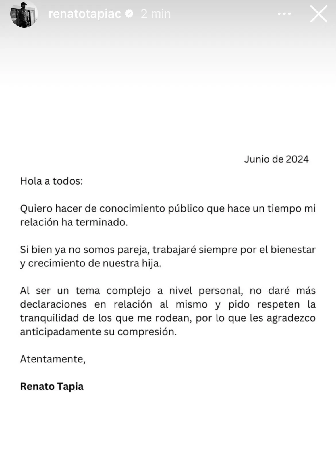 Renato Tapia realizó un comunicado con respecto a su situación conyugal. | Foto: IG.