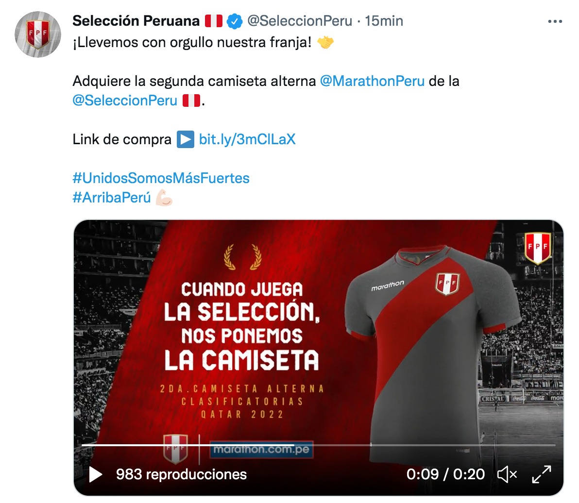 Esta es la publicación que hizo la selección peruana en Twitter.