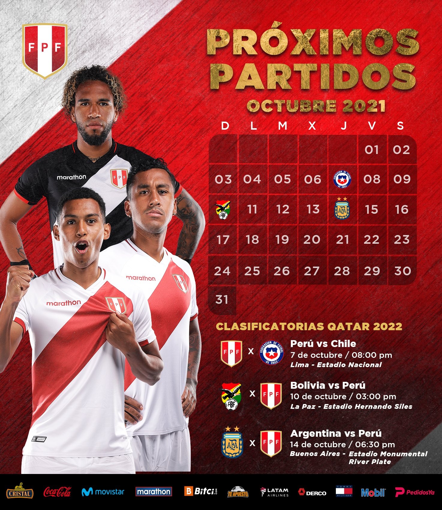La selección peruana tiene tres partidos de Eliminatorias en octubre.