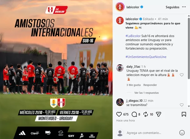 Perú confirmó amistoso internacional ante Uruguay por Sub-16 / Fuente: IG La Bicolor