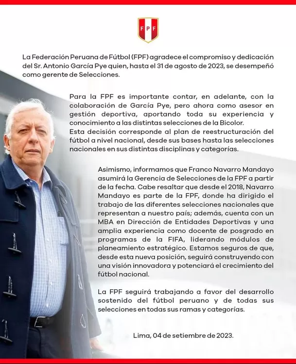 Comunicado de la Federación Peruana de Fútbol. | Fuente: @TuFPF