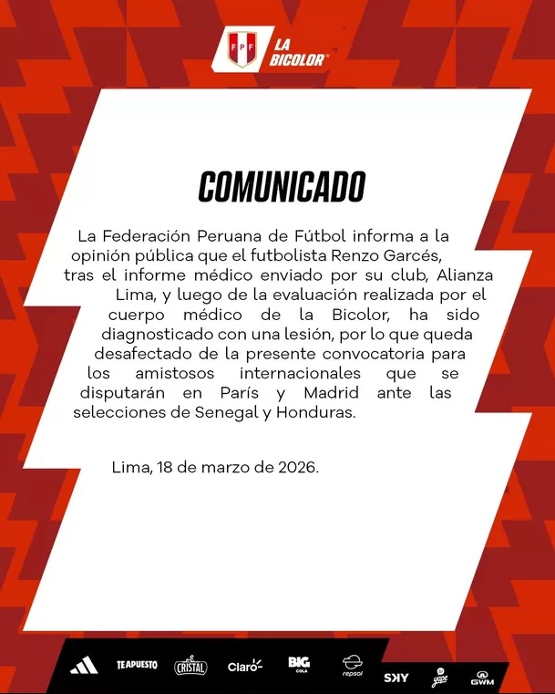 Comunicado de selección peruana sobre Renzo Garcés / X