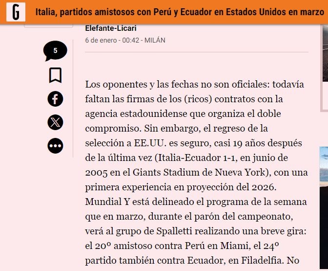 Perú jugaría contra Italia. | Fuente: La Gazzetta dello Sport