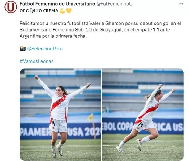 La felicitación de Universitario a Valerie Gherson. | Fuente: @FutFemeninoU